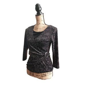 Notations Petite PS Womens Velvet Black Shimmer Long Sleeve Shirt Top